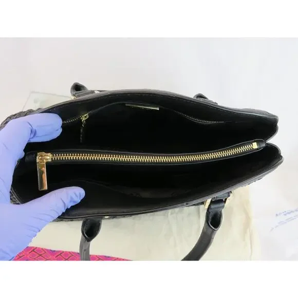 $525 TORY BURCH ROBINSON BLACK BASKET WOVEN LEATHER LOGO SATCHEL TOTE HANDBAG